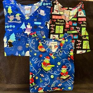 Lot of 3 Women’s Large Christmas Scrub Tops